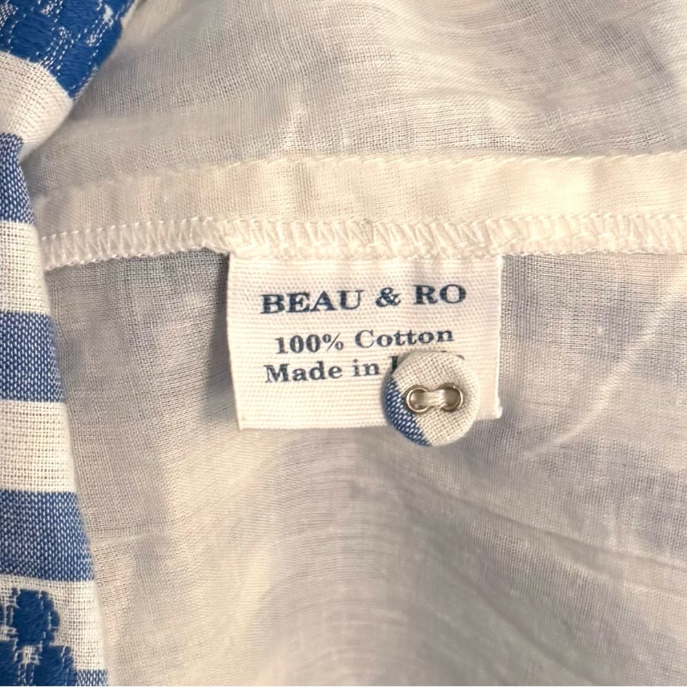 Beau & Ro Midi Capri Blue White Stripe Floral Embroidery Button Shirt Dress L - Picture 4 of 4